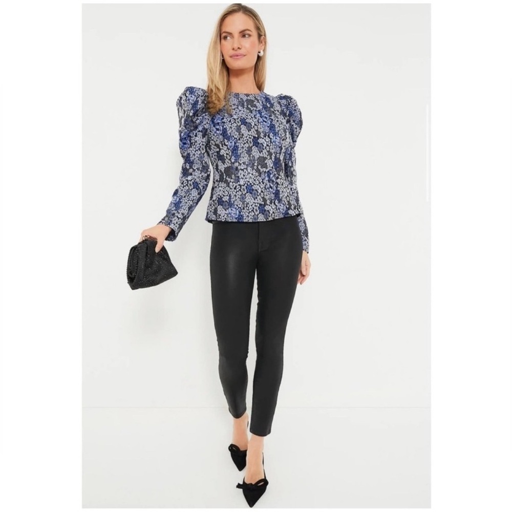 Hyacinth House Priscilla Puff Sleeve Top XS NWT Blue Floral Jacquard